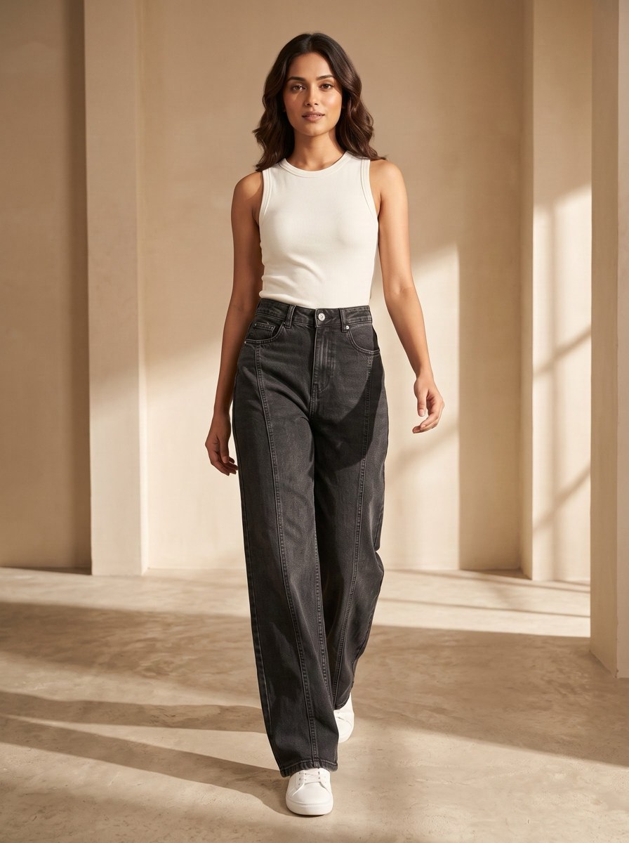 XYLA Women’s High-Rise Charcoal Black Wide-Leg Jeans