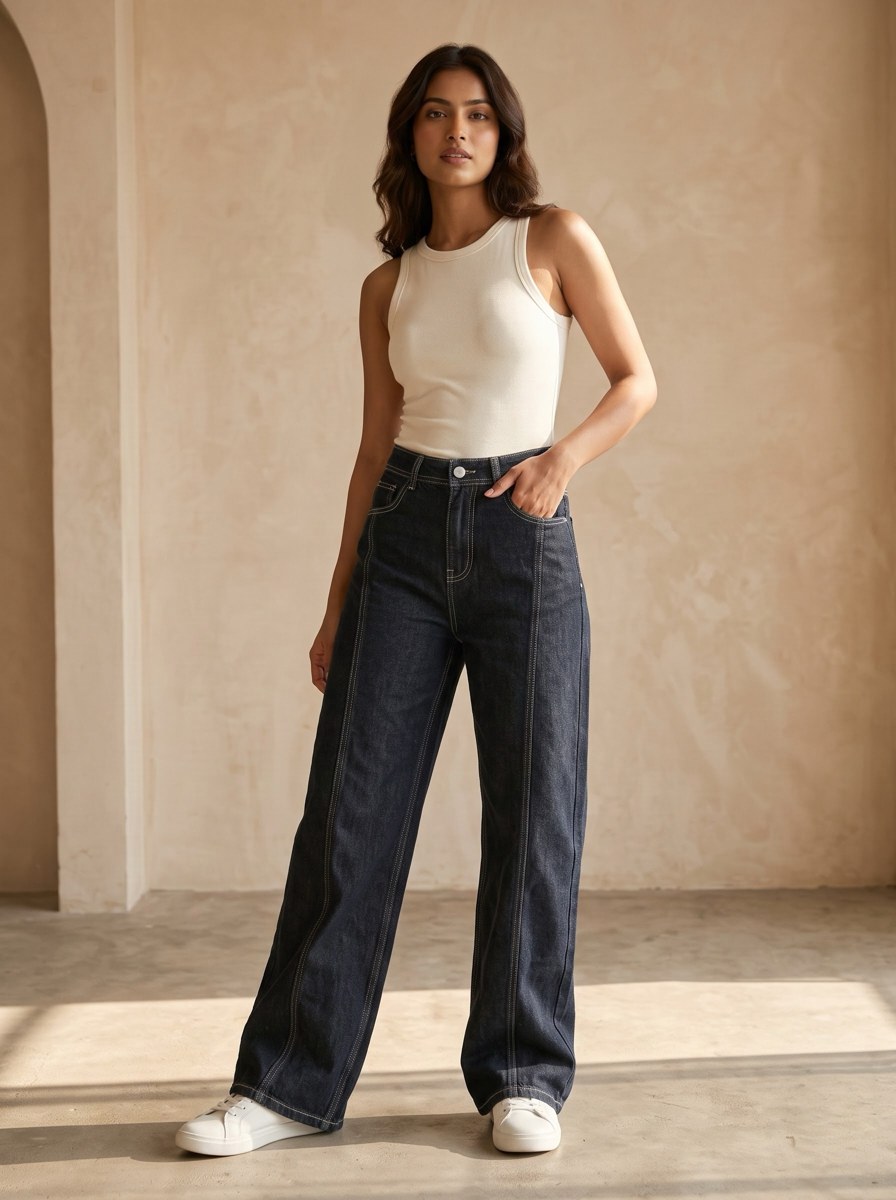 XYLA Women’s High-Rise Black Contrast-Stitch Wide-Leg Jeans view 5