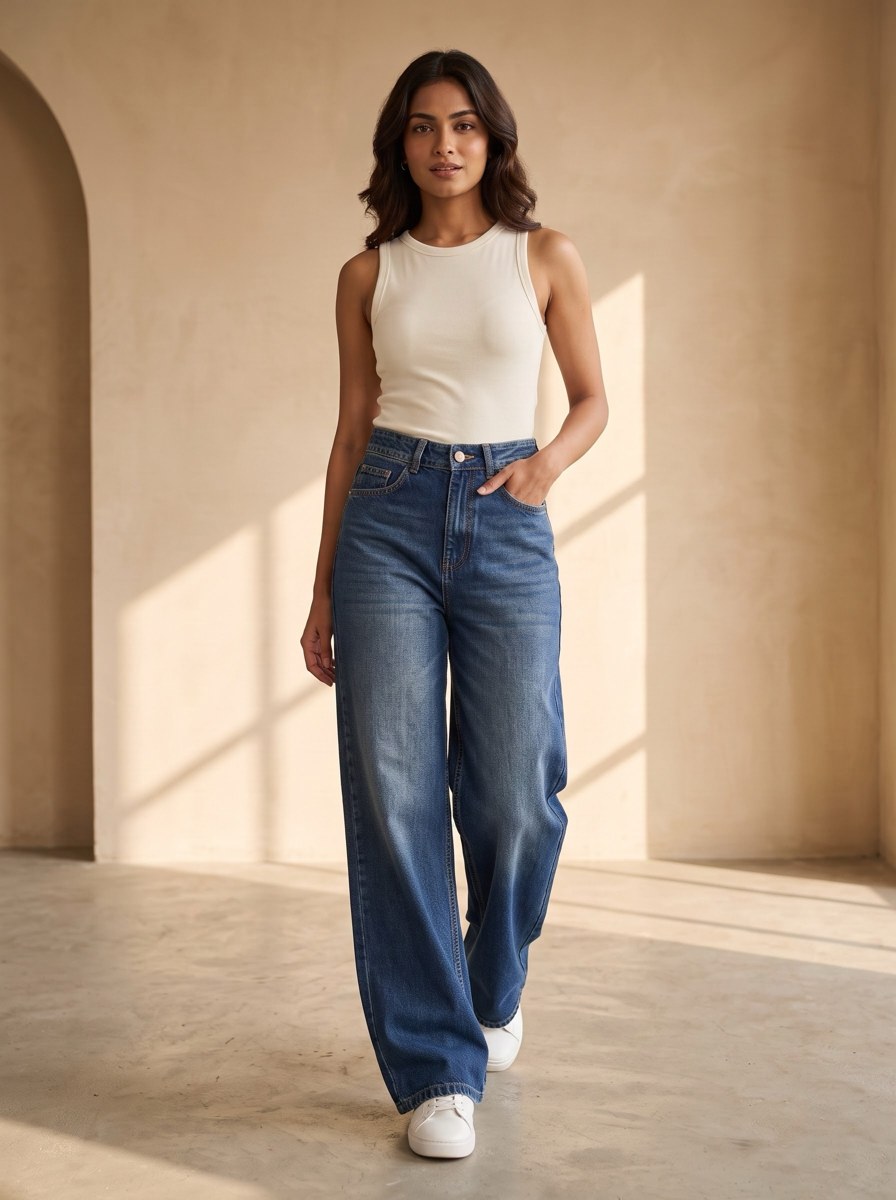 XYLA Women’s High-Rise Dark Blue Washed Wide-Leg Jeans