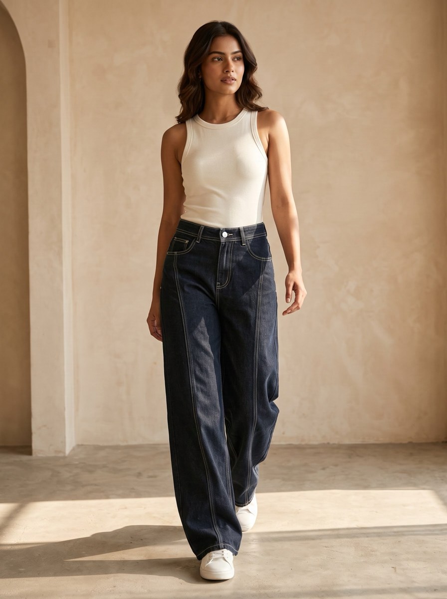 XYLA Women’s High-Rise Black Contrast-Stitch Wide-Leg Jeans