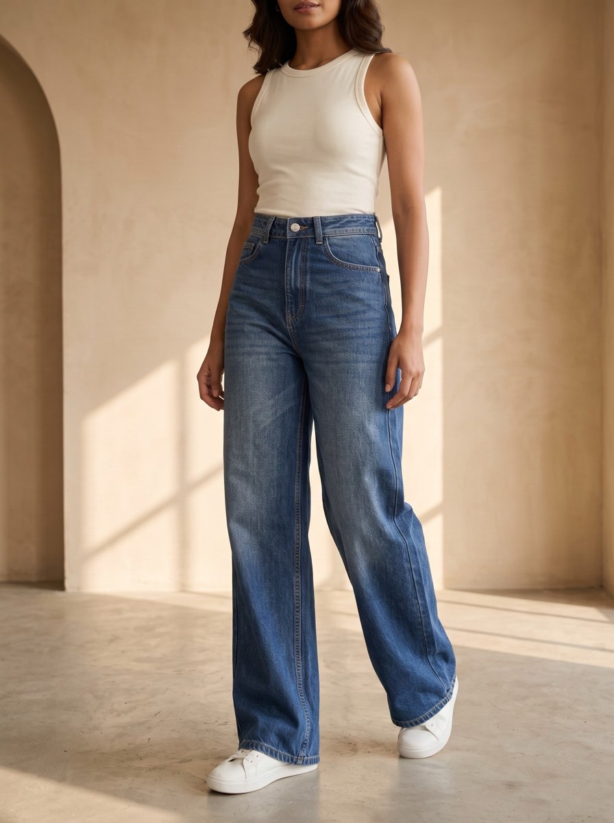 XYLA Women’s High-Rise Dark Blue Washed Wide-Leg Jeans view 3